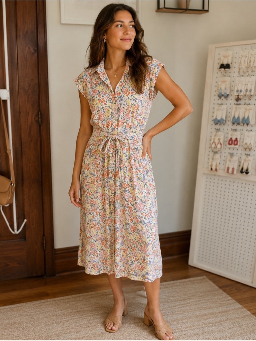 LOFT Pastel Floral Tie-Waist Midi Dress